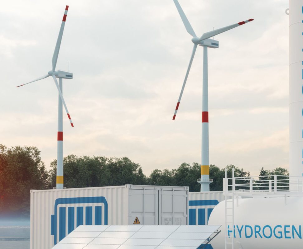 Energy Storage System With Hydrogen Storage Compartment, Wind Turbines, Solar Panels And Li-ion Battery Container